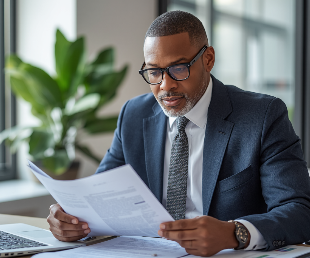 older man reviewing paperwork with stern look on face