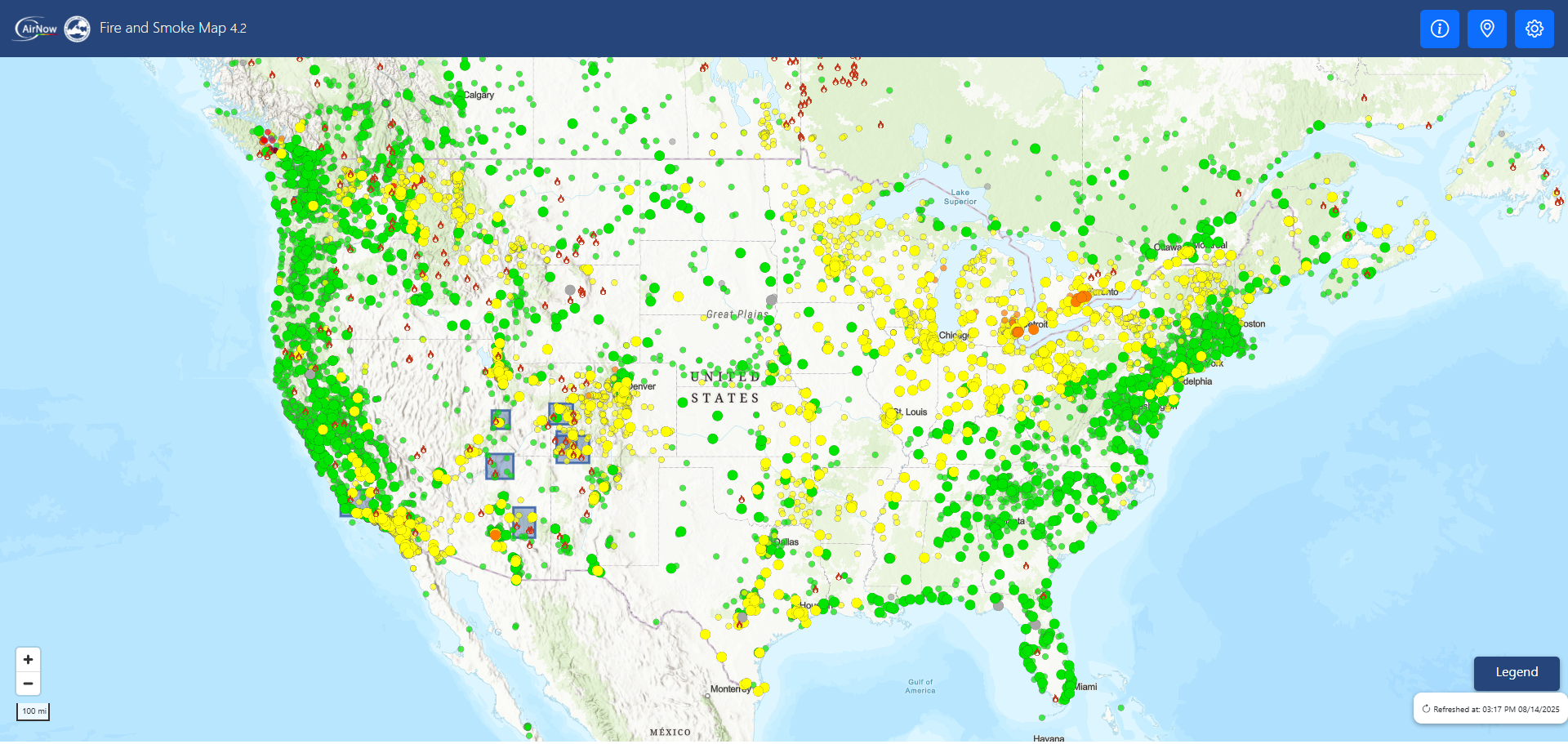 fire.airnow.gov screenshow showing map of usa and dots where fires may be