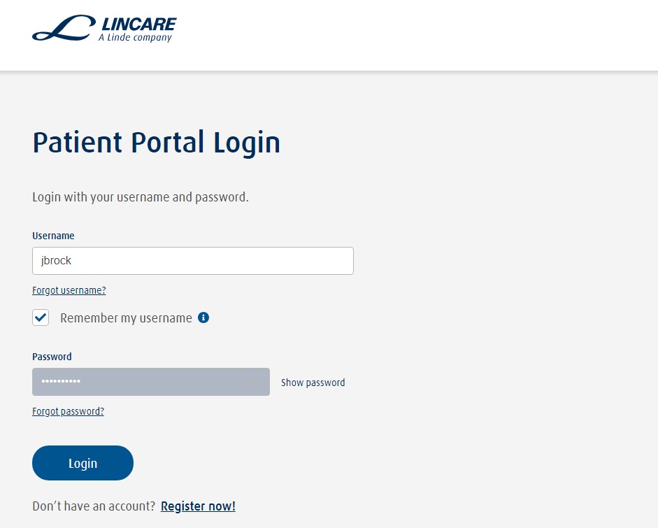 Login screen of Lincare's Patient Portal