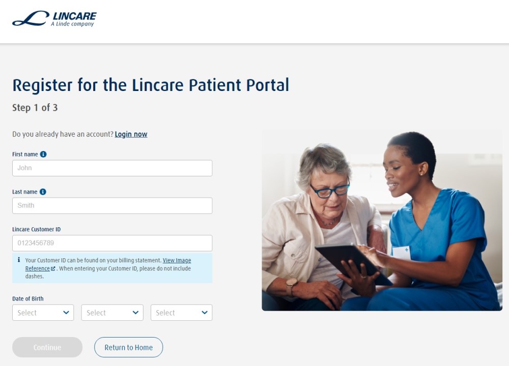 Registration screen of Lincare's Patient Portal