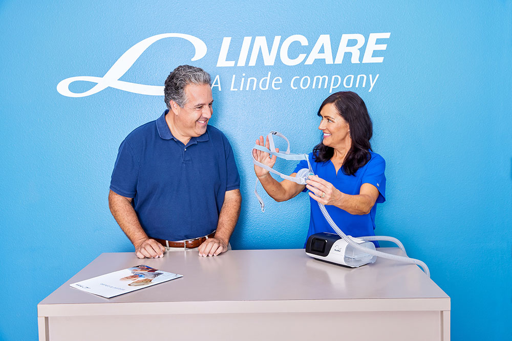 Sleep Apnea White Male Patient White Female Clinician ResMed Air Sense 11 Smiling Setup Education Nasal Mask Epson